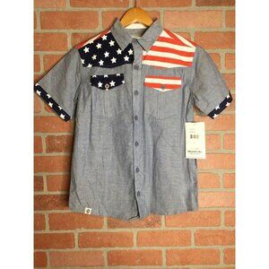 NWT Akademiks Boys Flag Stars Stripes Button-Up Shirt Collared Blue Size Medium
